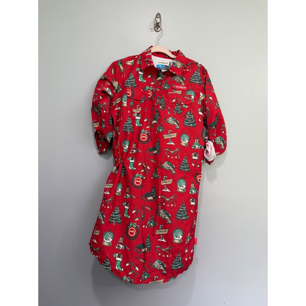 Magellan Outdoors Fish Gear Christmas Shirt Dress Red Fishing Print Small